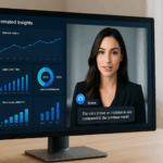 Écran d’ordinateur affichant un tableau de bord intelligent avec statistiques de vente et une assistante virtuelle IA brune en vidéo analysant les données pour l'utilisateur.