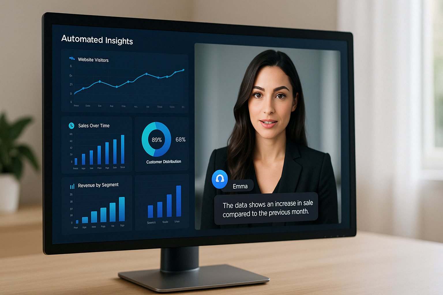 Écran d’ordinateur affichant un tableau de bord intelligent avec statistiques de vente et une assistante virtuelle IA brune en vidéo analysant les données pour l'utilisateur.