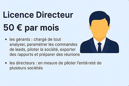 Découvrez nos différentes licences mensuelles (Essentielle, Compta, Chef, Terrain, Directeur), idéales pour chaque profil : téléopérateurs, commerciaux, techniciens ou direction. Gérez vos leads, remplissez les plannings de vos commerciaux, analysez en live vos performances et simplifiez l’organisation avec CBM Manager.