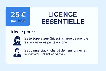 Découvrez nos différentes licences mensuelles (Essentielle, Compta, Chef, Terrain, Directeur), idéales pour chaque profil : téléopérateurs, commerciaux, techniciens ou direction. Gérez vos leads, remplissez les plannings de vos commerciaux, analysez en live vos performances et simplifiez l’organisation avec CBM Manager.