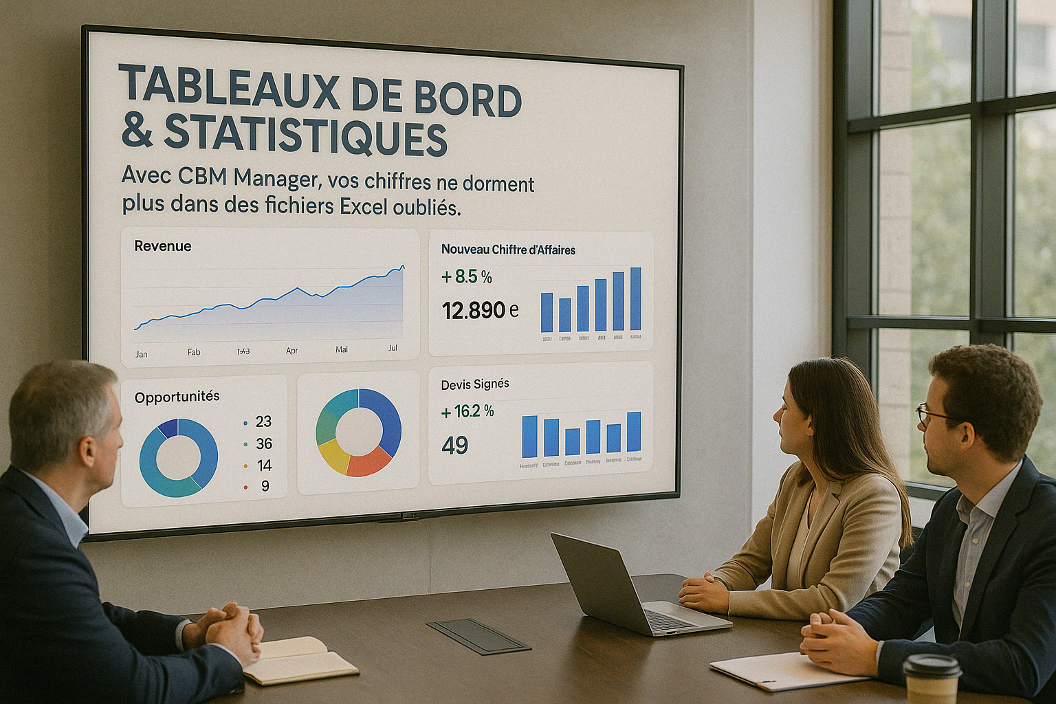 Réunion de dirigeants dans une salle de conférence moderne, observant un grand écran affichant un tableau de bord de statistiques CBM Manager avec graphiques de performance, opportunités, chiffre d’affaires et devis signés.