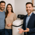 Un commercial souriant en costume élégant présente un adoucisseur d’eau moderne dans la maison d’un couple satisfait, fraîchement installé.
