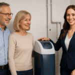 Une commerciale souriante en tailleur élégant présente un adoucisseur d’eau moderne dans la maison de ses clients, un couple satisfait à ses côtés.