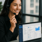 Une téléopératrice souriante portant un casque, assise à son bureau, regarde son écran avec enthousiasme après avoir obtenu plusieurs rendez-vous qualifiés.