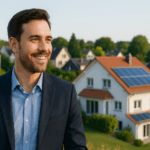 Un commercial satisfait consulte son écran avec enthousiasme après avoir enfin obtenu des leads photovoltaïques qualifiés.