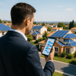 Une commerciale professionnelle consulte CBM Manager sur son ordinateur portable pour générer des leads dans le secteur du photovoltaïque, avec un paysage de maisons équipées de panneaux solaires en arrière-plan.