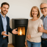 Un commercial souriant, debout à côté d’un poêle à granulés flambant neuf, présente fièrement l’installation à ses clients heureux, dans un salon chaleureux.