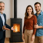 Un commercial souriant montre fièrement un poêle à granulés moderne installé dans le salon de ses clients, un couple satisfait se tenant à ses côtés.