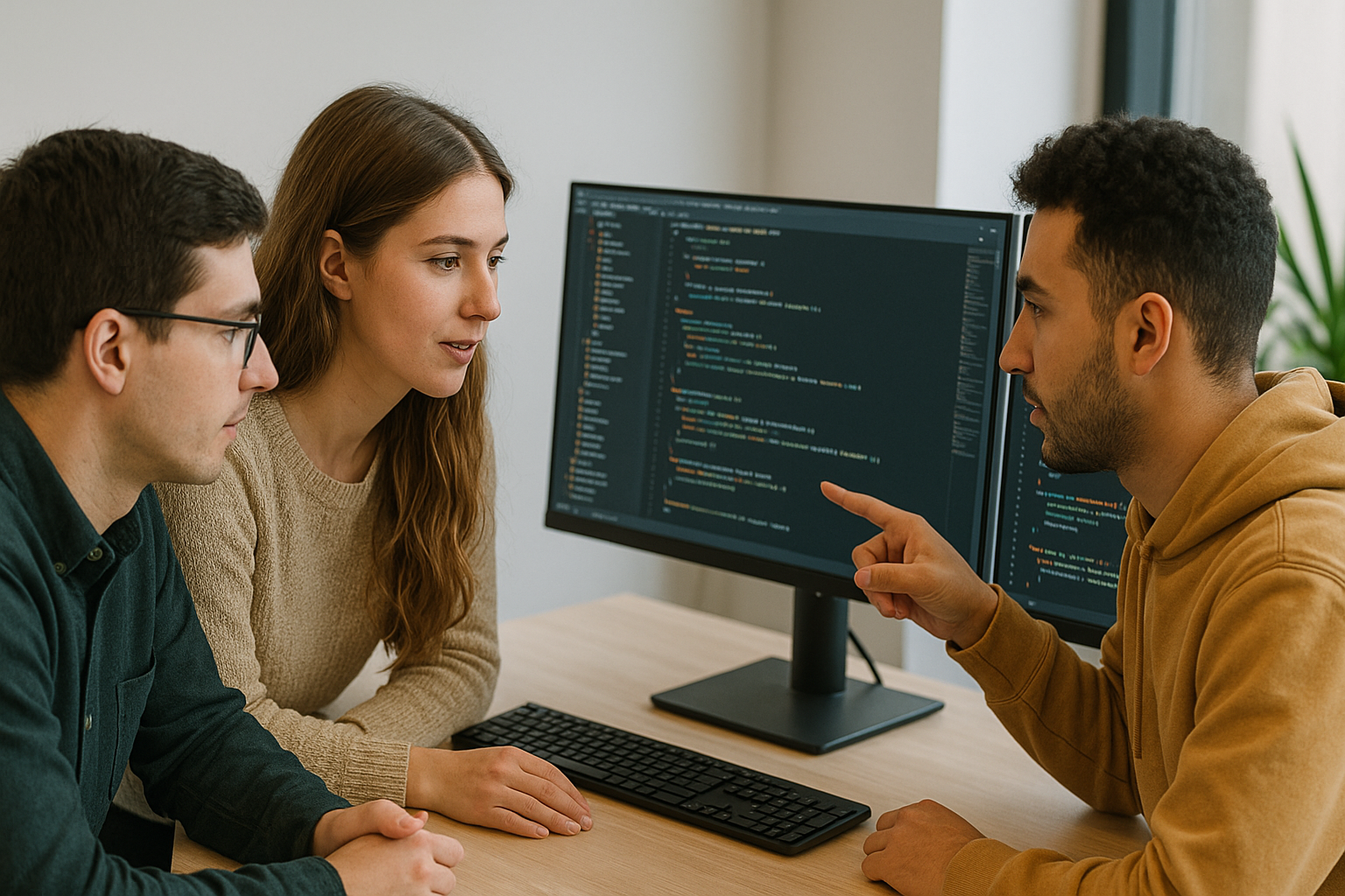 Trois programmeurs informatiques (deux hommes et une femme) en plein brainstorming devant un double écran d’ordinateur haut de gamme, affichant du code dans un environnement de bureau moderne.