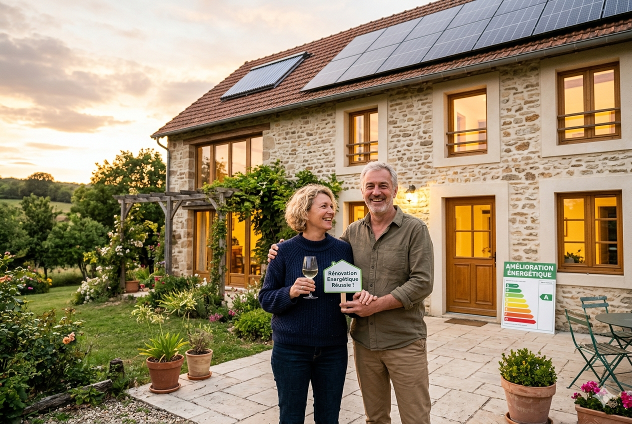 Un couple heureux célèbre la fin de ses travaux de rénovation énergétique devant une grande maison traditionnelle équipée de panneaux photovoltaïques et de nouvelles fenêtres isolantes.