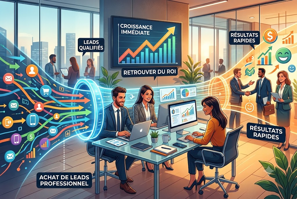 Illustration conceptuelle sur l'achat de leads professionnels et la génération de leads en entreprise. L'image montre des équipes commerciales dans un bureau moderne recevant un flux continu pour acheter des leads et acheter des rendez-vous qualifiés, illustrant comment maximiser son ROI plutôt qu'apprendre à faire des leads en interne.