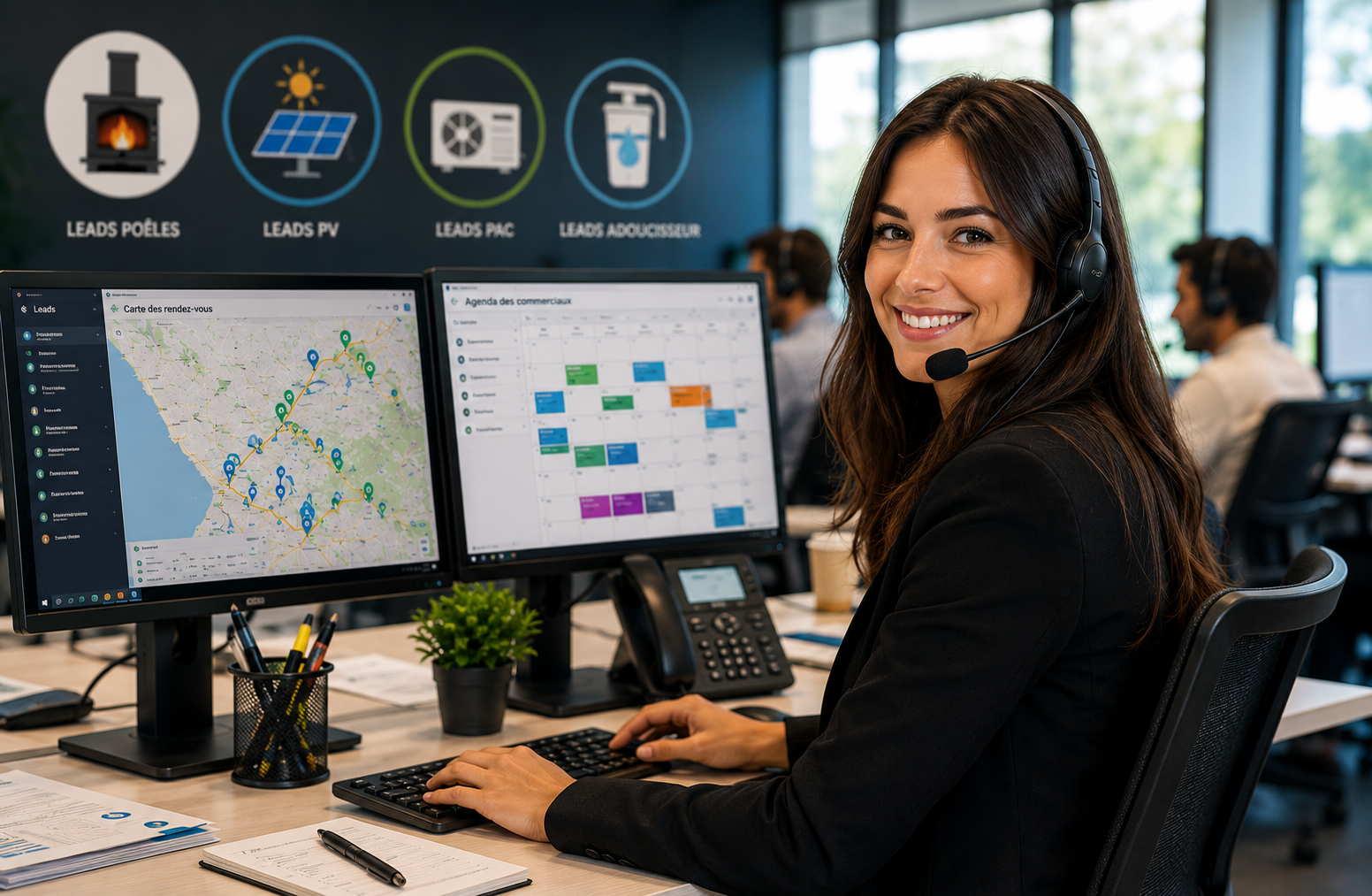 Téléprospectrice brune souriante avec casque, travaillant sur des écrans de gestion de rendez-vous qualifiés pour les entreprises de l’habitat.
