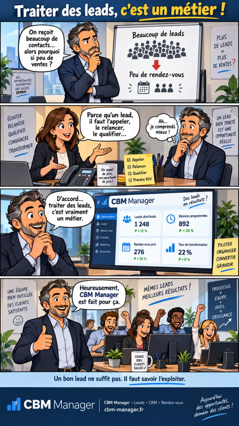 Professionnel en train d'appeler des leads avec un casque et un logiciel de gestion : illustration du métier de prospection téléphonique et de conversion commerciale.